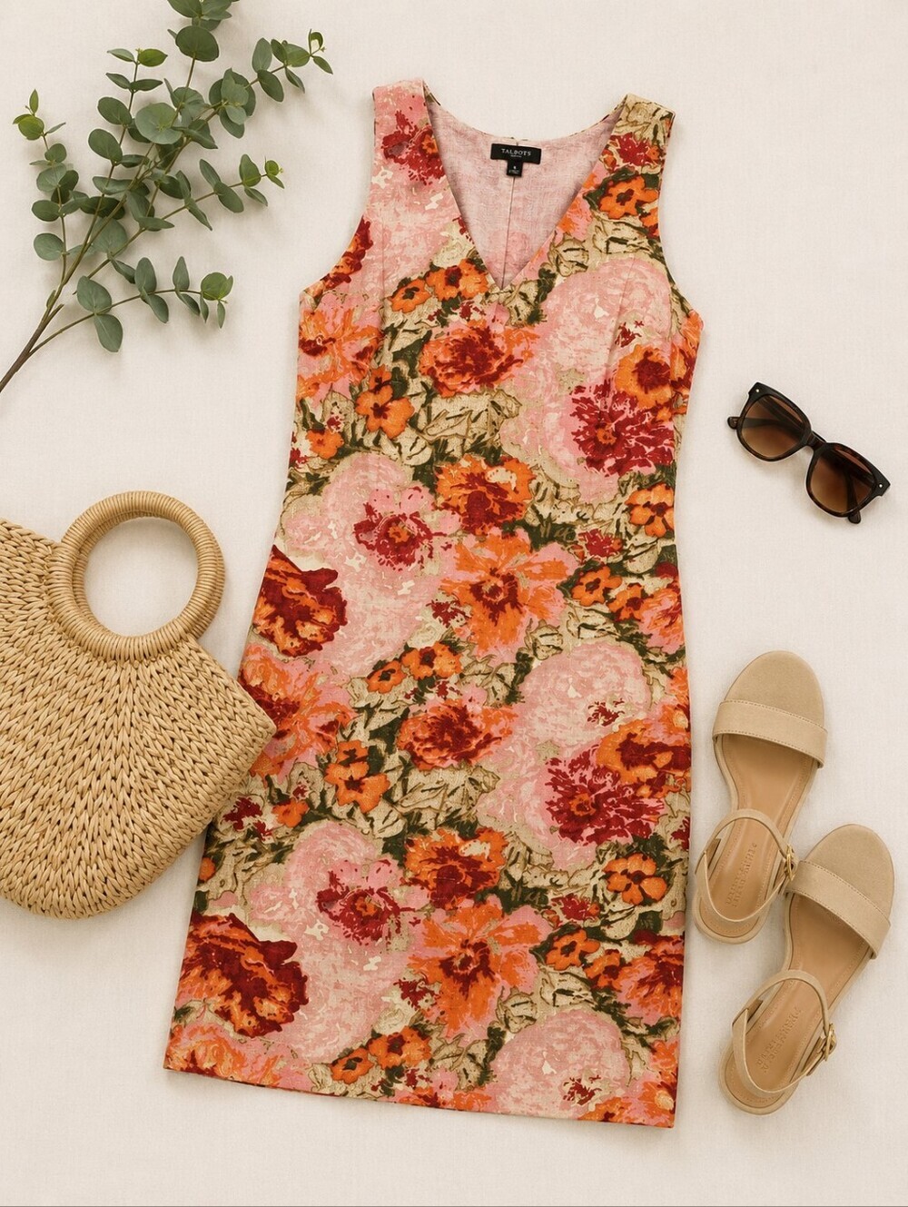 Talbots Cotton Spring Pink Red Peach Floral Sleeveless Sheath Dress. Ladies 10